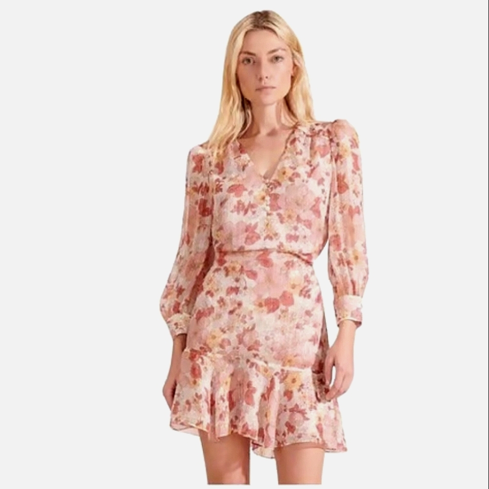 Veronica Beard Cybil floral metallic dress Fall Colors Long Sleeve
